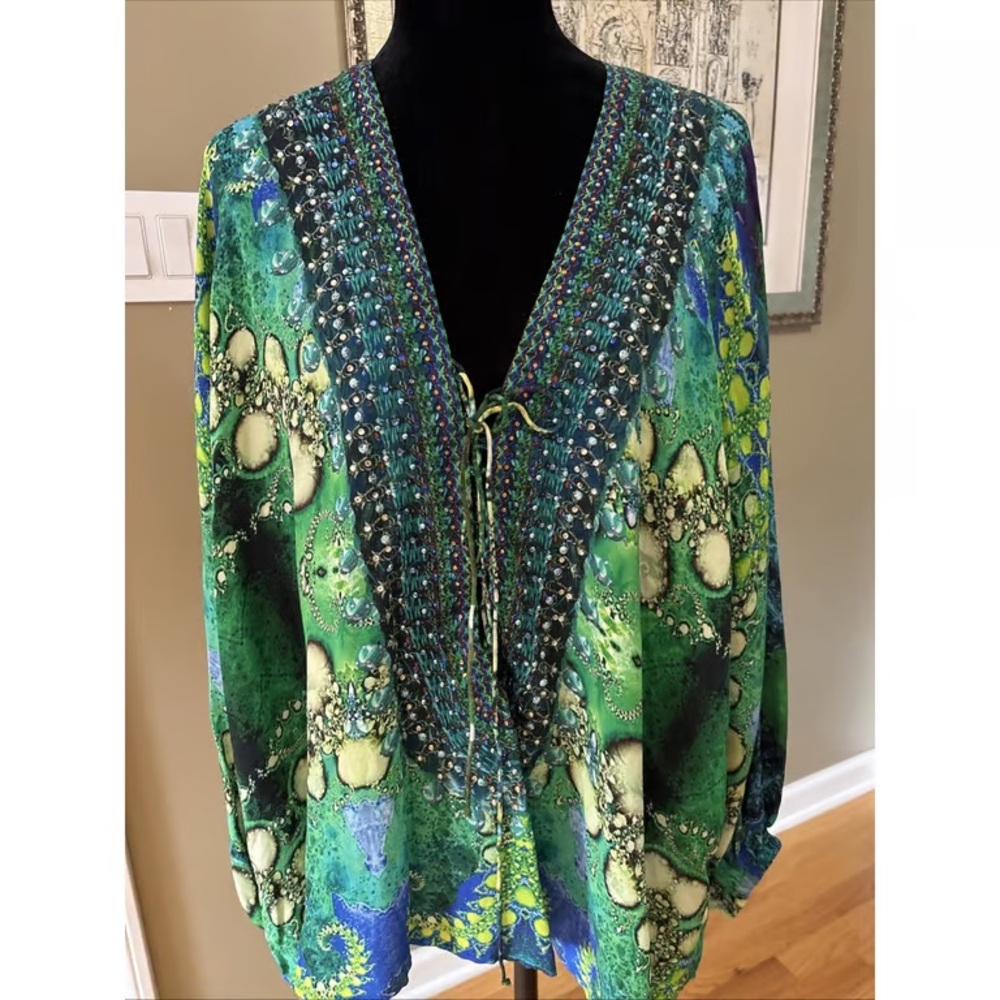 Green & Blue Beaded V-Neck Tunic